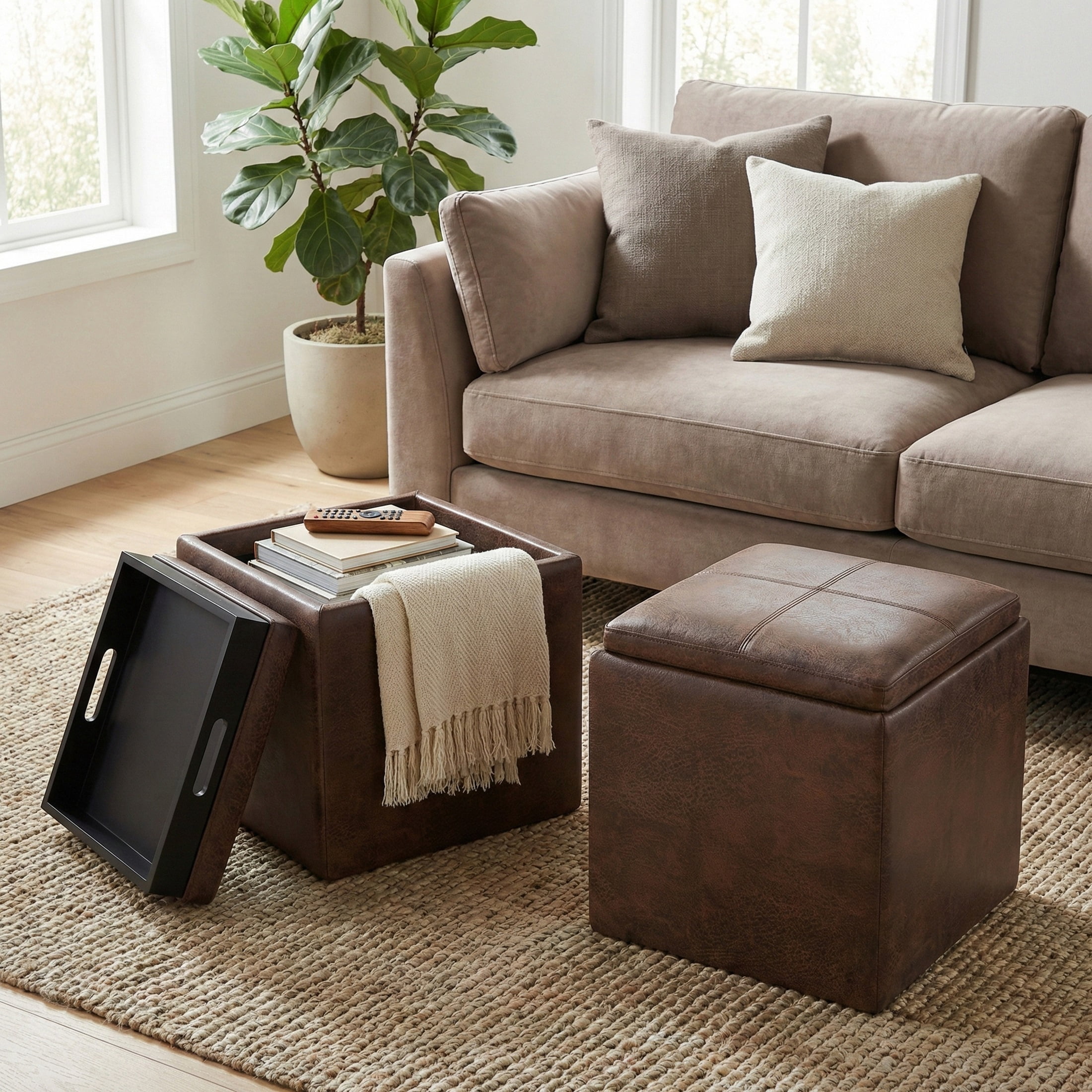 Simpli Home Rockwood 17 inch Wide Upholstered Vegan Leather Square Storage Ottoman with Tray, Aged Brown