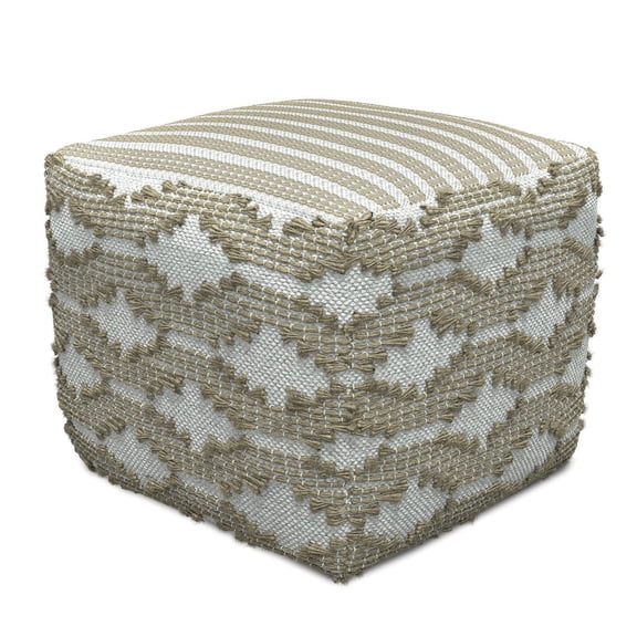Rowan Hand Woven Cotton/Jute Square Pouf Ottoman in Natural and White