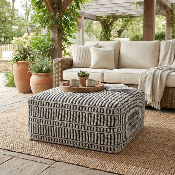 Simpli Home Safford 20 inch Wide Woven Square Pouf Ottoman, Cream White and Deep Black