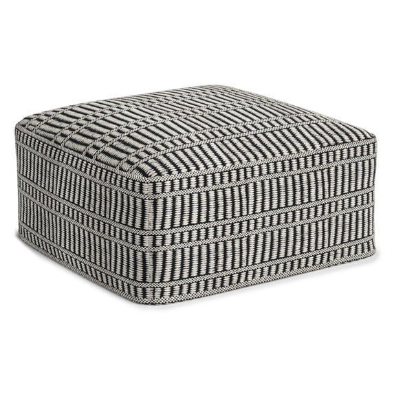 Simpli Home Safford 20 inch Wide Boho Outdoor/Indoor Square Pouf in Black/White Recycled Polyester, Assembled