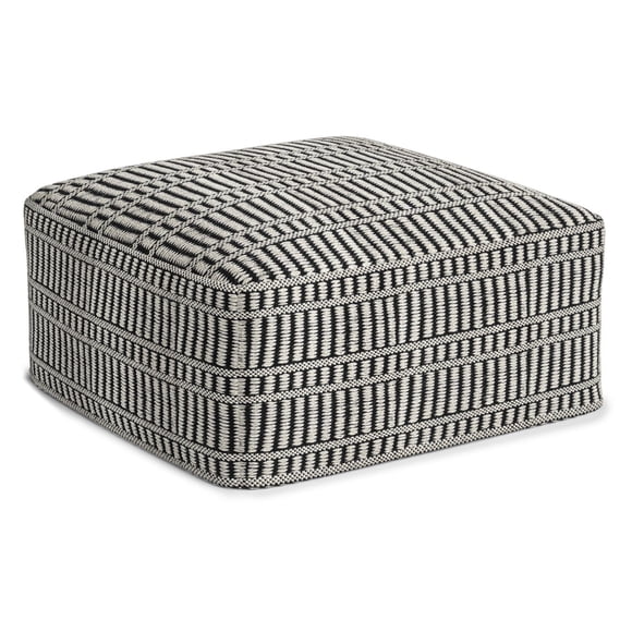 Simpli Home Safford 20 inch Wide Boho Outdoor/Indoor Square Pouf in Black/White Recycled Polyester, Assembled