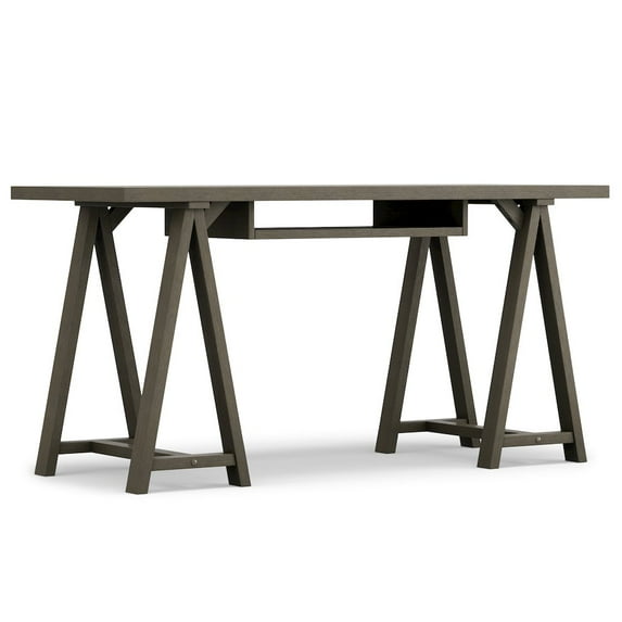 Simpli Home Sawhorse 60" Modern Solid Wood Computer Desk in Farmhouse Gray
