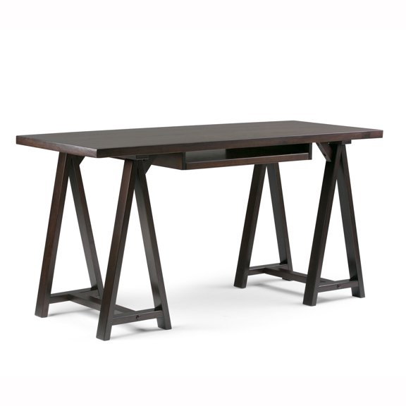 Simpli Home Sawhorse SOLID WOOD Modern Industrial 60 inch Wide Writing Office Desk in Dark Chestnut Brown