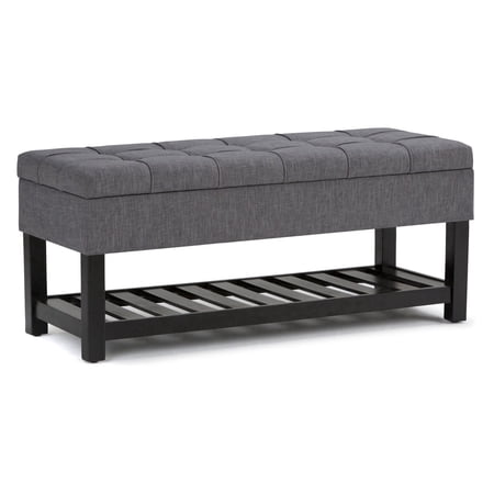Simpli Home Saxon 43 inch Wide Transitional Rectangle Storage Ottoman Bench in Slate Grey Linen Look Fabric