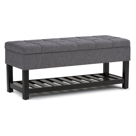 Simpli Home Saxon 43 inch Wide Transitional Rectangle Storage Ottoman Bench in Slate Grey Linen Look Fabric