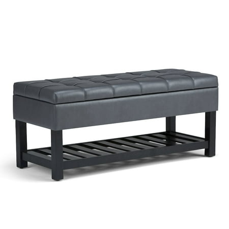 Simpli Home Saxon 44" Transitional Rectangle Ottoman Bench in Stone Gray Faux Leather