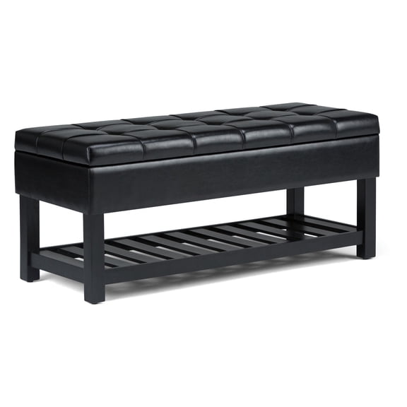 Saxon 43 inch Wide Transitional Rectangle Storage Ottoman Bench in Midnight Black Vegan Leather