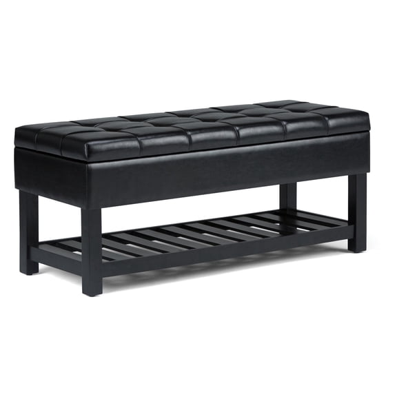 Saxon 43 inch Wide Transitional Rectangle Storage Ottoman Bench in Midnight Black Vegan Leather