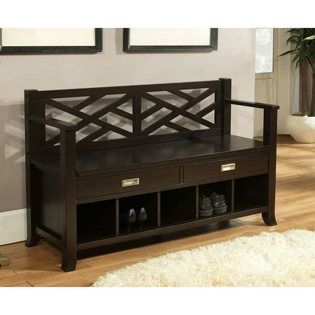 Simpli Home Sea Mills Entryway Storage Bench with 2 Drawers and 5 Shoe Cubbies, Espresso Brown