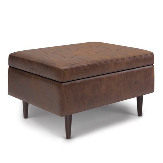 Shay 34 inch Wide Mid-Century Small Coffee Table Storage Ottoman in Distressed Chestnut Brown Vegan Leather