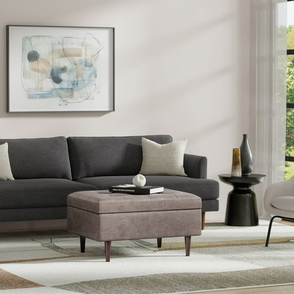 Simpli Home Shay 34 inch Wide Mid Century Modern Rectangle Mid Century Small Rectangle Coffee Table Storage Ottoman in Distressed Grey Taupe Vegan Faux Leather