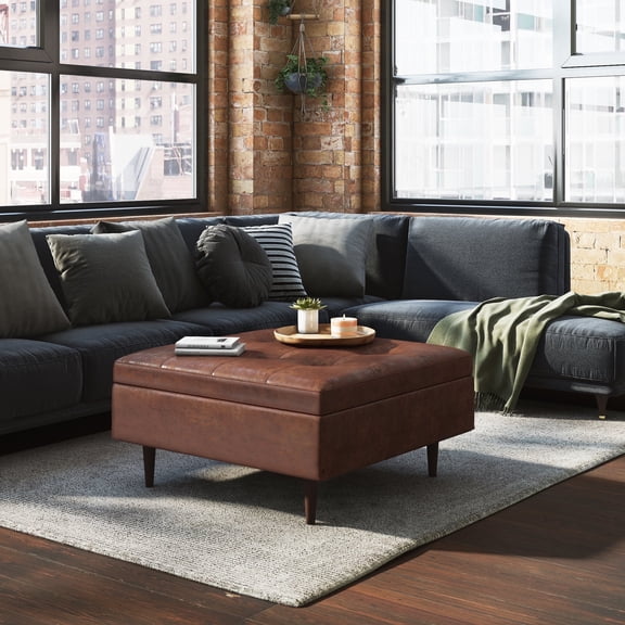 Shay 38 inch Wide Mid-Century Large Square Coffee Table Storage Ottoman in Distressed Saddle Brown Vegan Leather