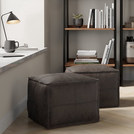 Simpli Home Sheffield 18 inch Wide Boho Square Pouf in Distressed Dark Brown Genuine Leather