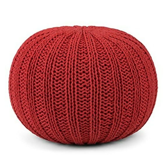 Simpli Home Shelby Boho Round Hand Knit Pouf in Candy Red Cotton