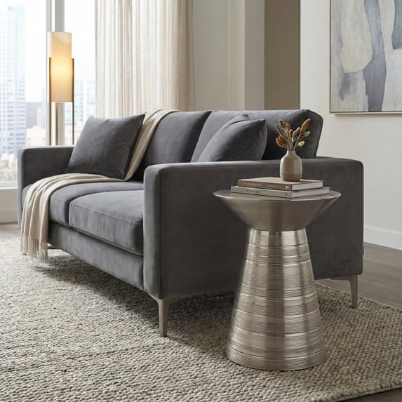 Simpli Home Sheridan 18 inch Wide Iron Round Accent Table, Antique Nickel