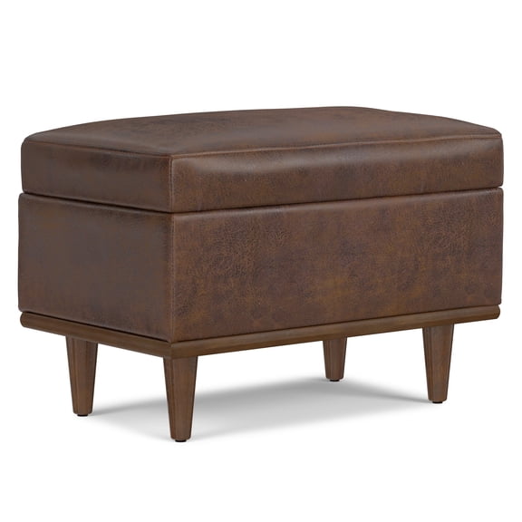 Simpli Home Shiloh 26 inch Wide Transitional Contemporary Small Storage Ottoman in Distressed Chestnut Brown Vegan Faux Leather, Assembled