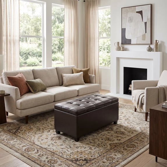 Sienna 34" Transitional Rectangle Ottoman Bench in Tanners Brown Faux Leather