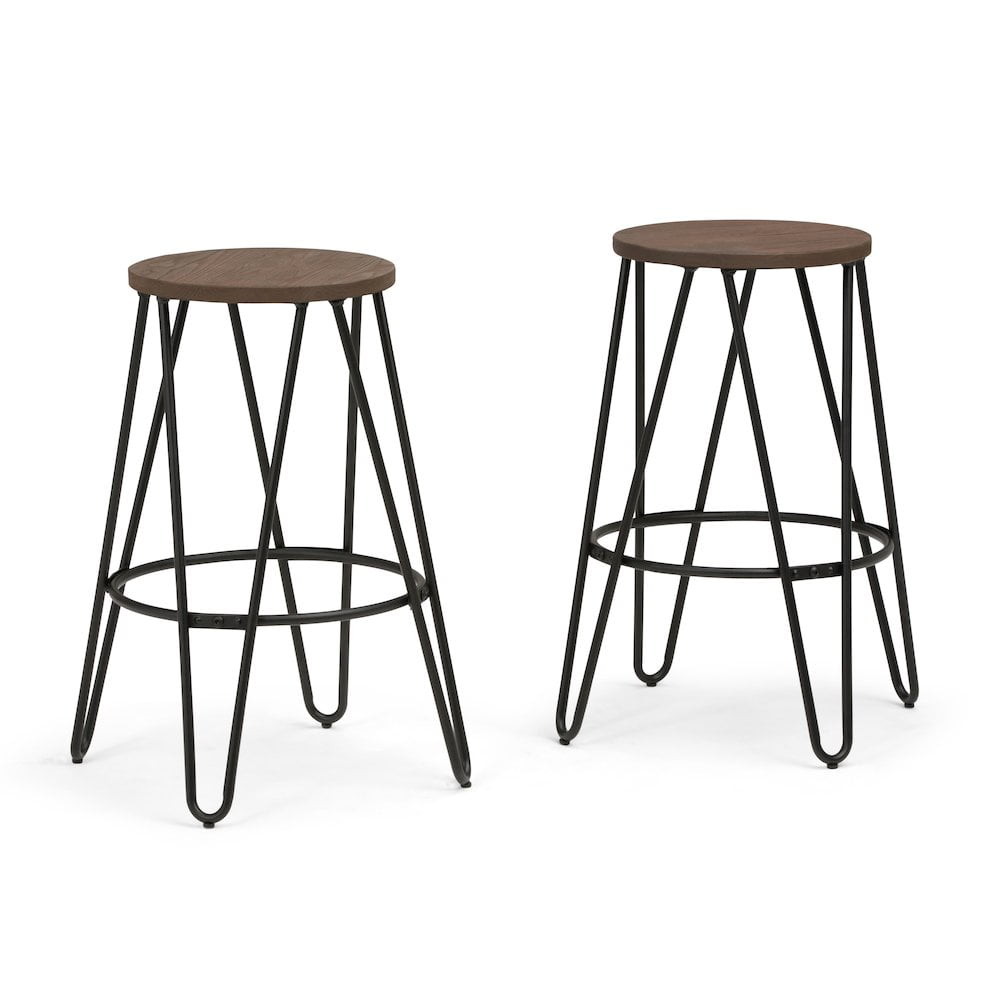 Simeon 26" Cocoa Brown and Black Metal Counter Stools with Elm Wood Seat