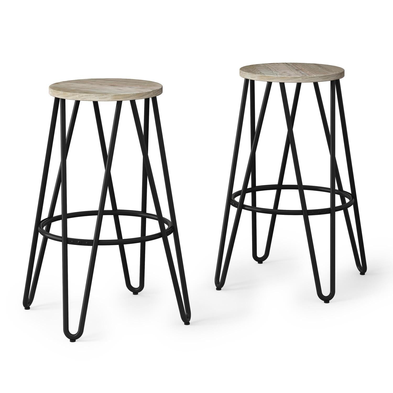 Simeon 26" Natural Wood and Black Metal Backless Counter Stools