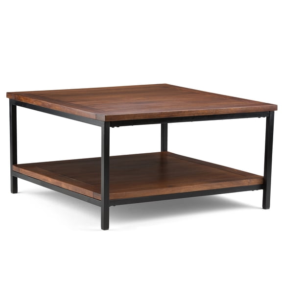 Simpli Home Skyler SOLID MANGO WOOD and Metal 34 inch Wide Square Industrial Coffee Table in Dark Cognac Brown