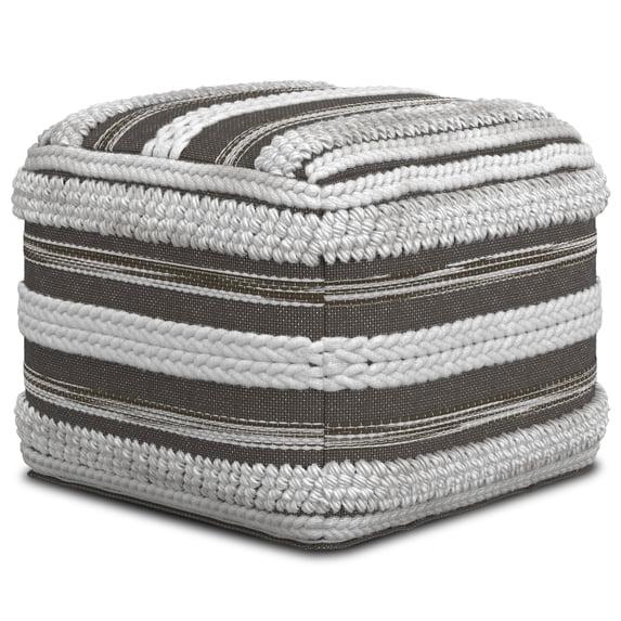 Simpli Home Sommer Boho Square Pouf in Natural/Taupe Grey Handloom Woven Pattern