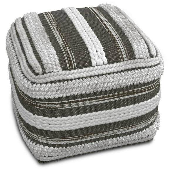 Simpli Home Sommer Boho Square Pouf in Natural/Taupe Grey Handloom Woven Pattern