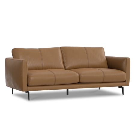 Simpli Home Stevens Modern, Mid - Century 81 inch Wide Sofa in Butternut Brown Genuine Leather
