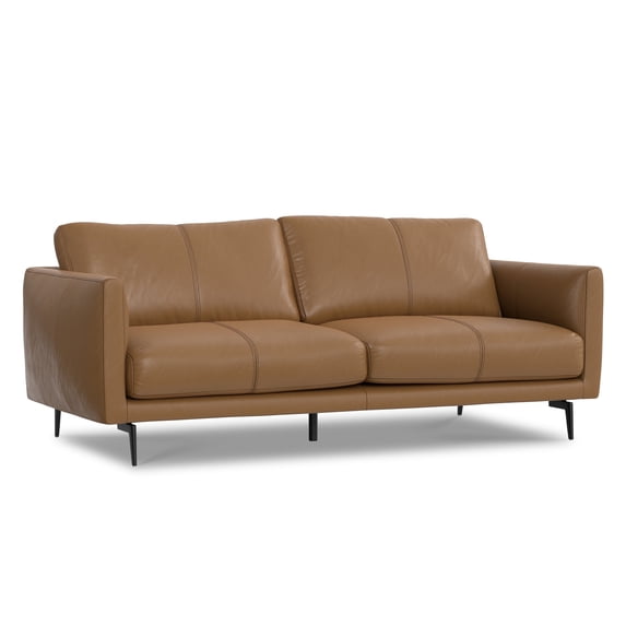 Simpli Home Stevens Modern, Mid - Century 81 inch Wide Sofa in Butternut Brown Genuine Leather