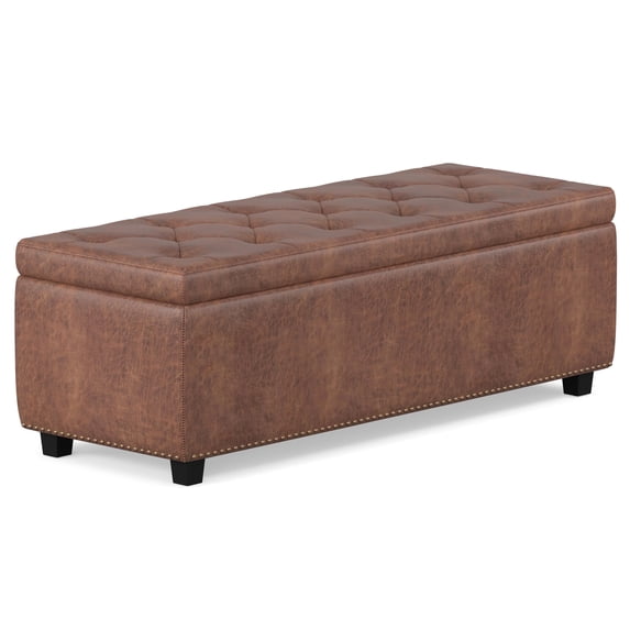 Hamilton 48 inch Wide Storage Ottoman in Distressed Umber Brown Vegan Leather