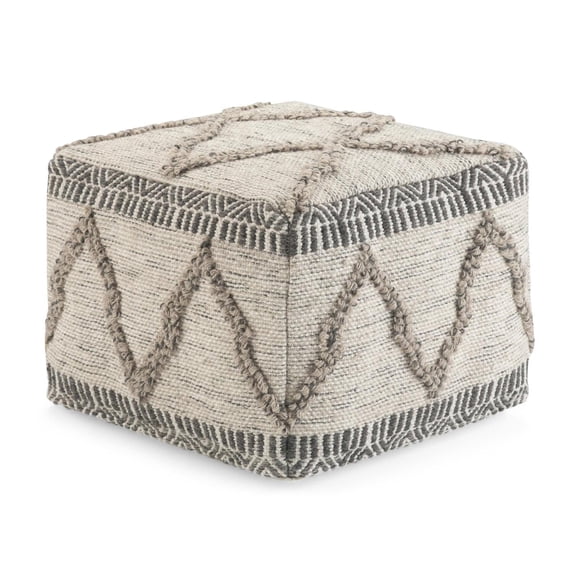 Simpli Home Sweeney 18 inch Wide Boho Square Pouf in Grey and Natural Wool and Cotton Handloom