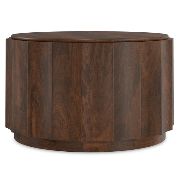 Trenton SOLID MANGO WOOD 32 inch Wide Round Contemporary Coffee Table in Walnut Brown, Fully Assembled