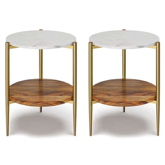Wagner 18" Round Genuine Marble & Solid Acacia Side Tables in Multi (Set of 2)