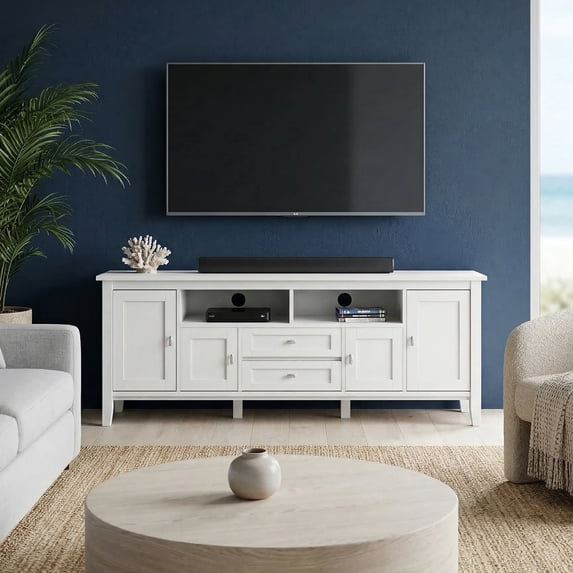 Simpli Home Warm Shaker 72 inch Wide Solid Wood TV Stand in White For TVs up to 80 inches