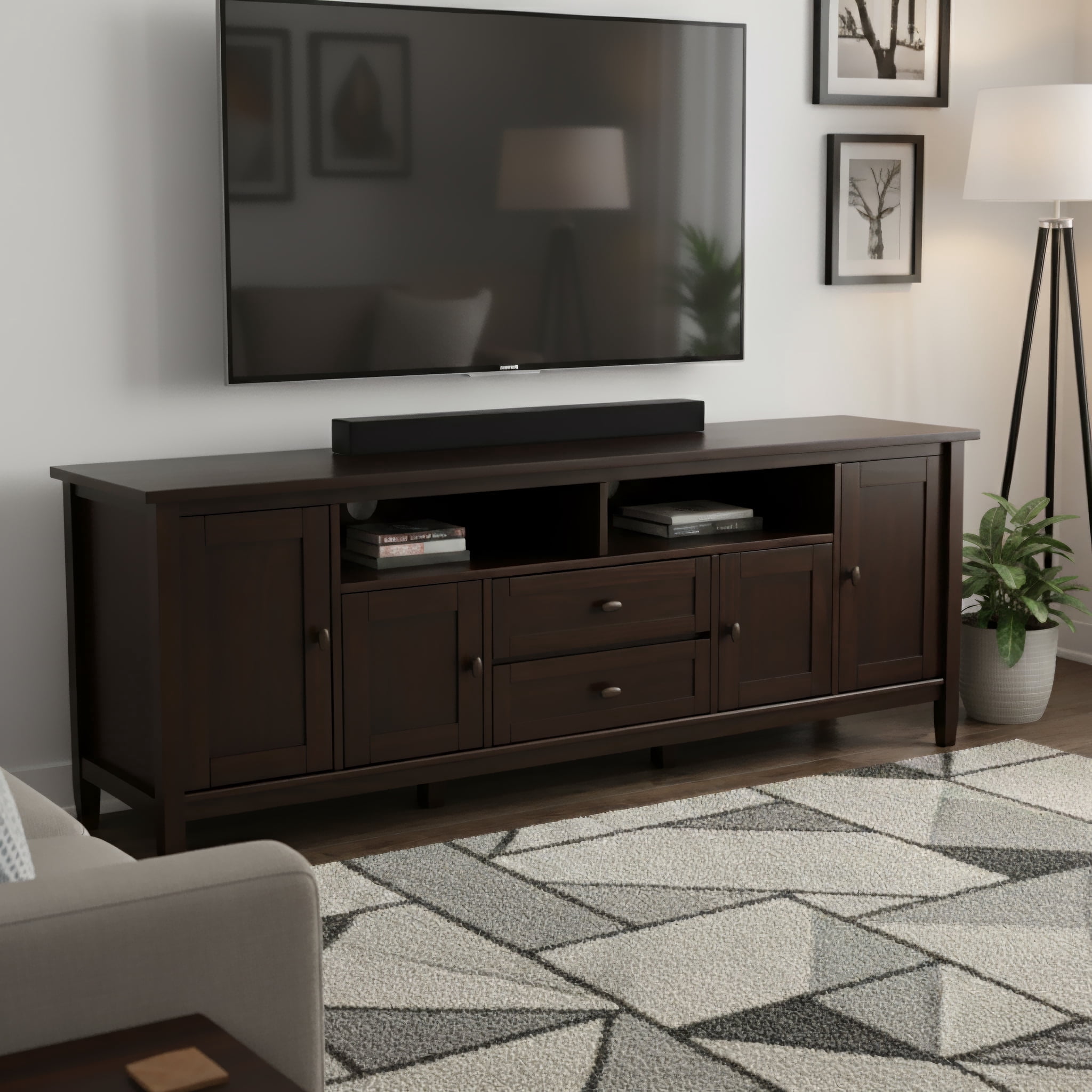 Simpli Home Warm Shaker 72 inch Wide Solid Wood TV Stand, Mocha Brown