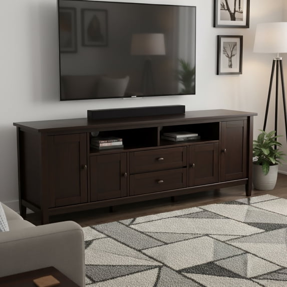 Simpli Home Warm Shaker 72 inch Wide Solid Wood TV Stand, Mocha Brown