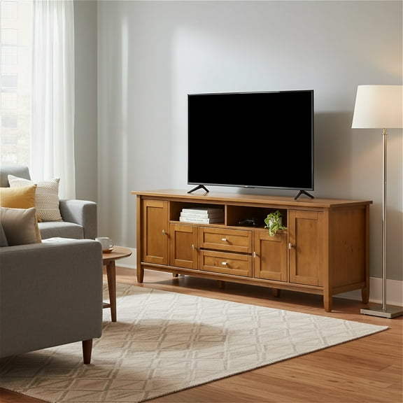 Simpli Home Warm Shaker 72 inch Wide Solid Wood TV Stand, Warm Honey Brown