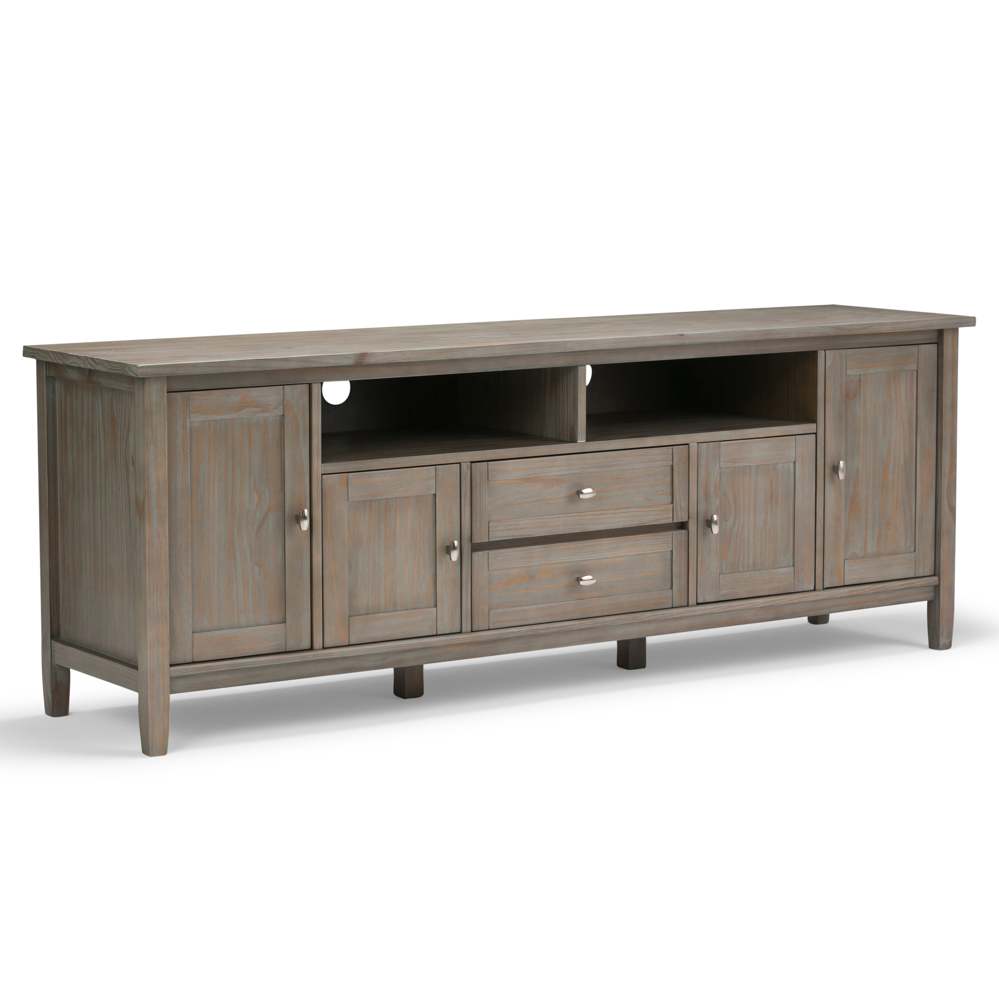 Distressed Grey 72'' Solid Pine Wood Media Console with Cabinet