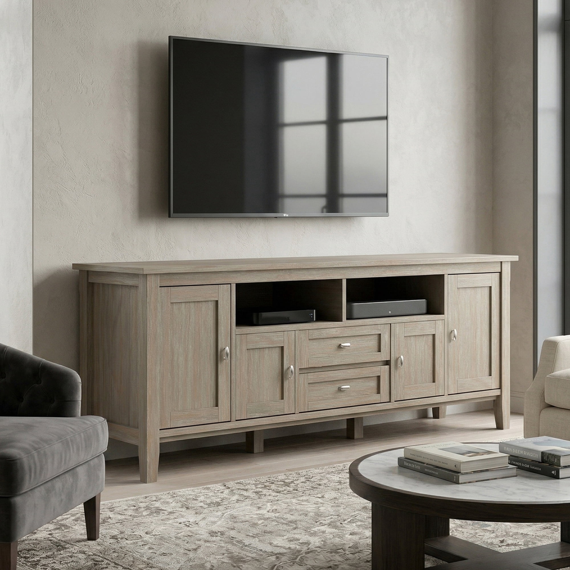 Simpli Home Warm Shaker 72 inch Wide Solid Wood TV Stand in Distressed Grey For TVs up to 80 inches