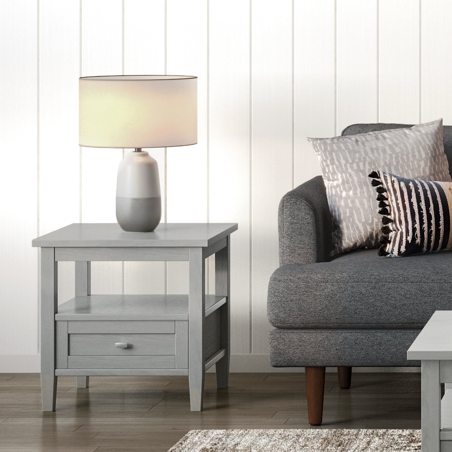 Fog Grey Solid Wood End Table with Storage Drawer