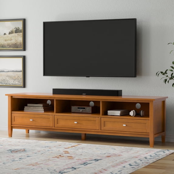 Simpli Home Warm Shaker 72 inch Wide Solid Wood Low TV Stand in Light Golden Brown For TVs up to 80 inches