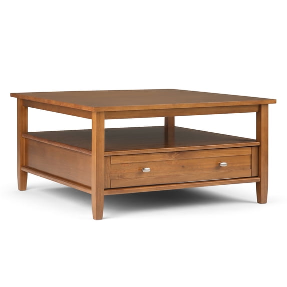 Simpli Home Warm Shaker 36 inch Wide Solid Wood Transitional Square Coffee Table in Light Golden Brown