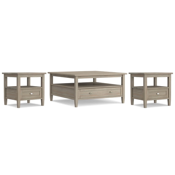 Simpli Home Warm Shaker Solid Wood Transitional 36 inch Wide Coffee Table with 2 20 inch Wide End Tables in Distressed Gray (Set of 3)
