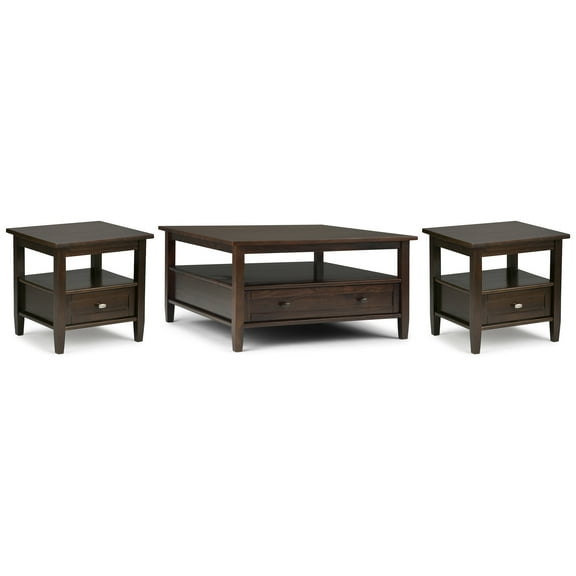 Warm Shaker Solid Wood Transitional 36 inch Wide Coffee Table with 2 20 inch Wide End Tables in Tobacco Brown (Set of 3)