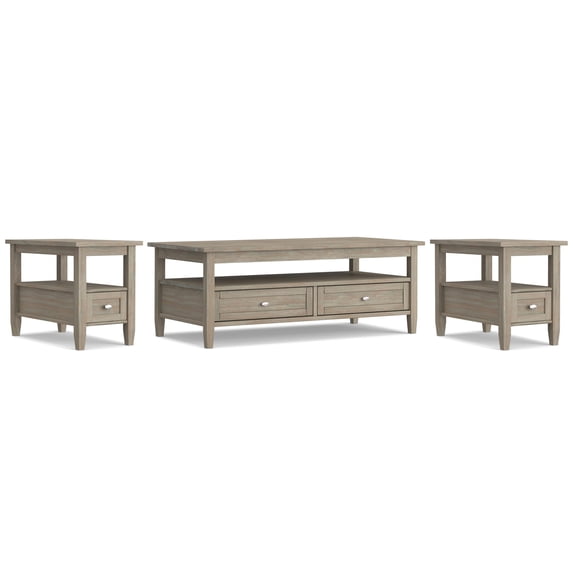 Simpli Home Warm Shaker Solid Wood Transitional 48 inch Wide Coffee Table with 2 14 inch Wide End Tables in Distressed Gray (Set of 3)