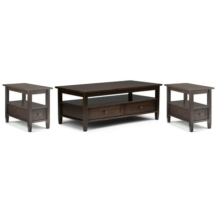 Warm Shaker Solid Wood Transitional 48 inch Wide Coffee Table with 2 14 inch Wide End Tables in Tobacco Brown (Set of 3)