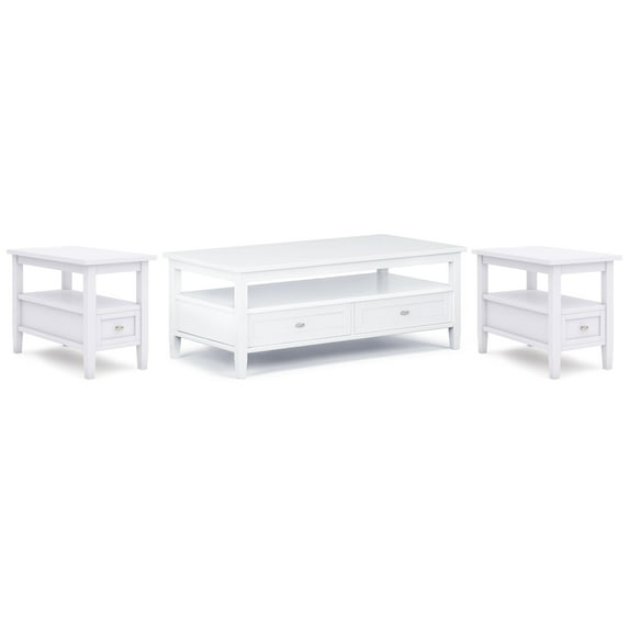 Warm Shaker Solid Wood Transitional 48 inch Wide Coffee Table with 2 14 inch Wide End Tables in White (Set of 3)