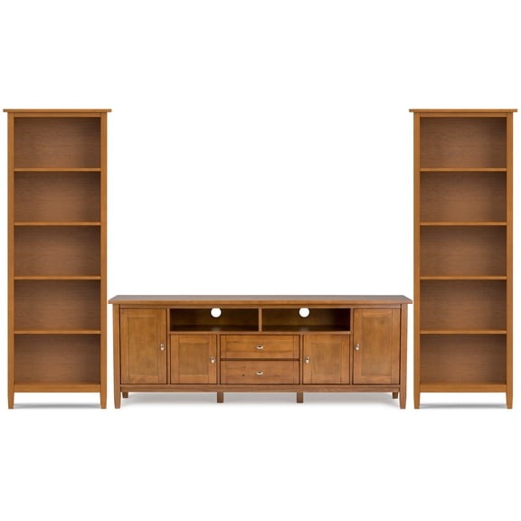 Simpli Home Warm Shaker Solid Wood Transitional 72 inch Wide TV Stand with Two 26 inch Wide Bookcases in Light Golden Brown (Set of 3)