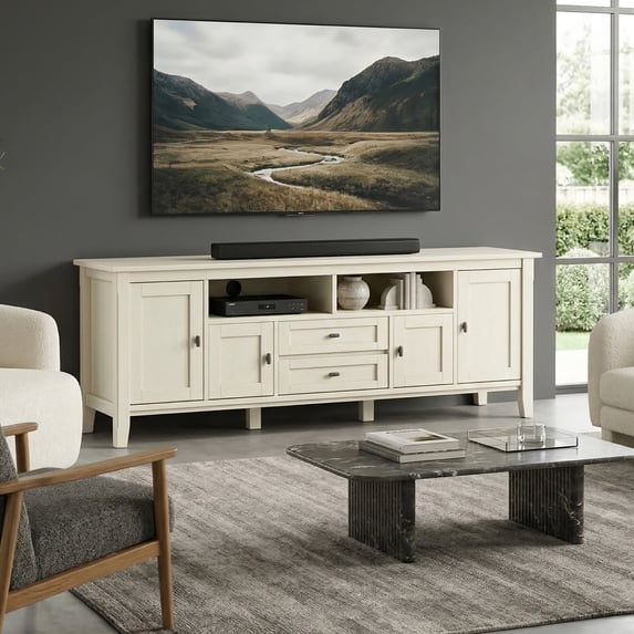 Simpli Home Warm Shaker 72 inch Wide Solid Wood TV Stand in Antique White For TVs up to 80 inches