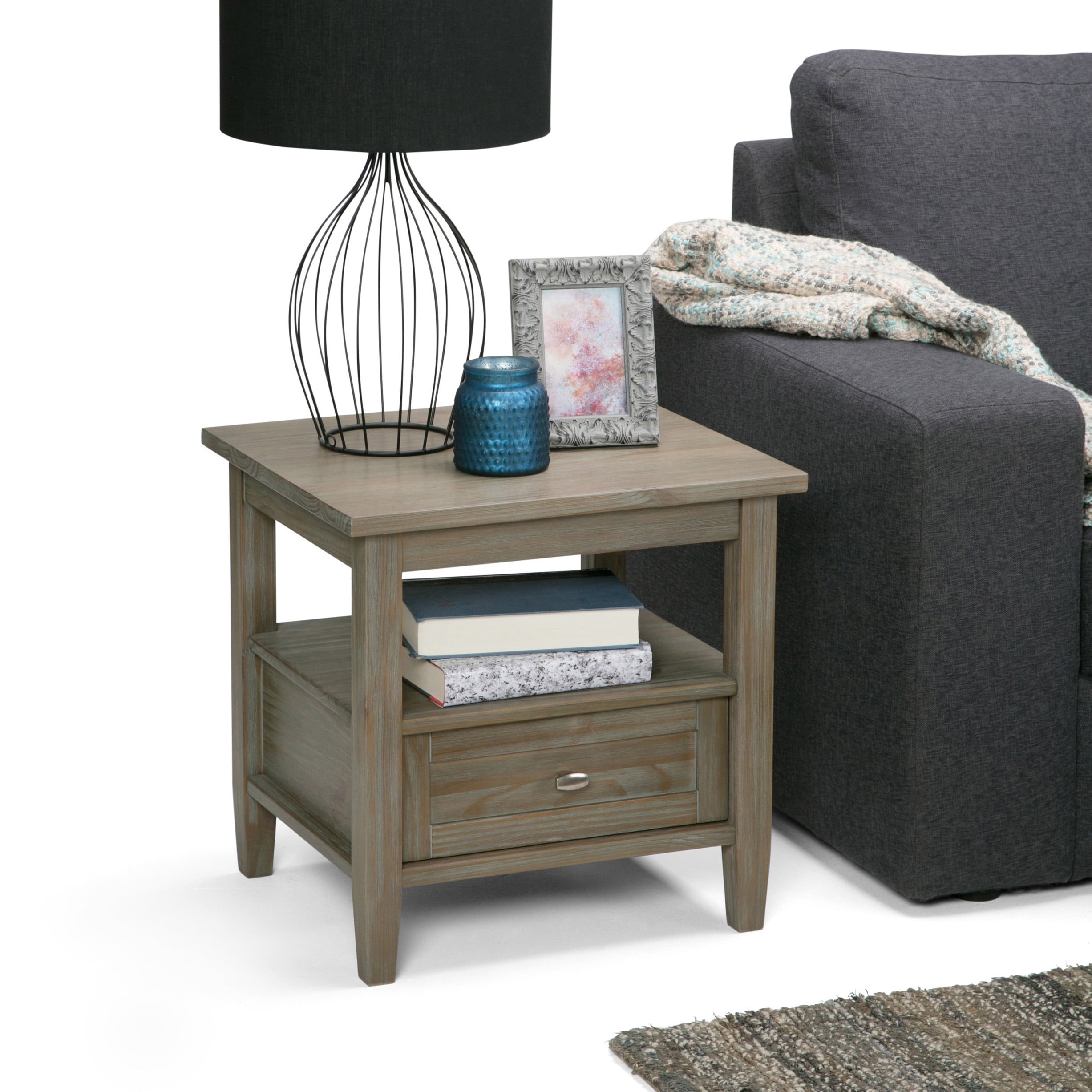 Rustic Distressed Gray Solid Wood End Table with Storage