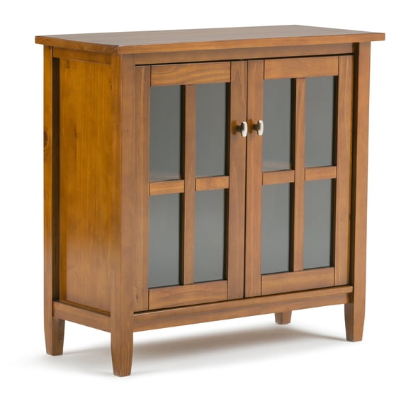 Simpli Home Warm Shaker 32 inch Wide Solid Wood Transitional Low Storage Cabinet in Light Golden Brown